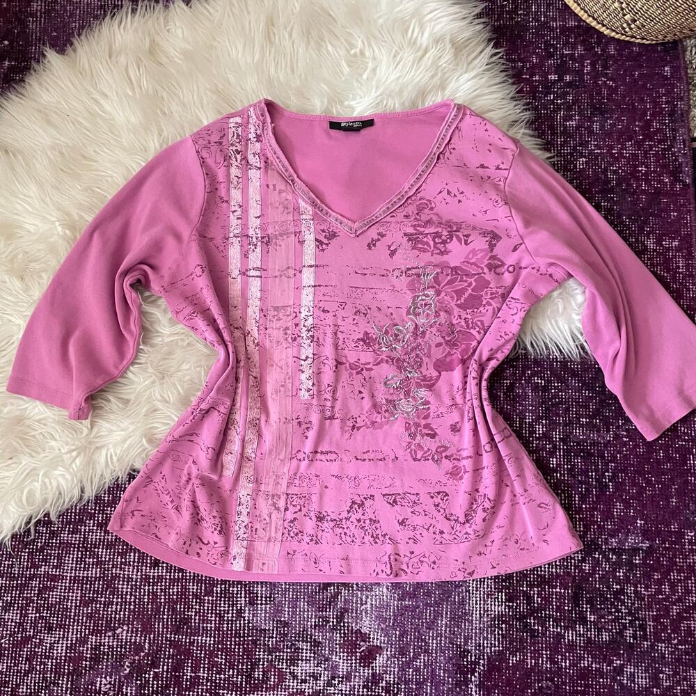 PLUS SIZE y2k vintage 2000s pink fairycore quarter sleeve floral embroidered top